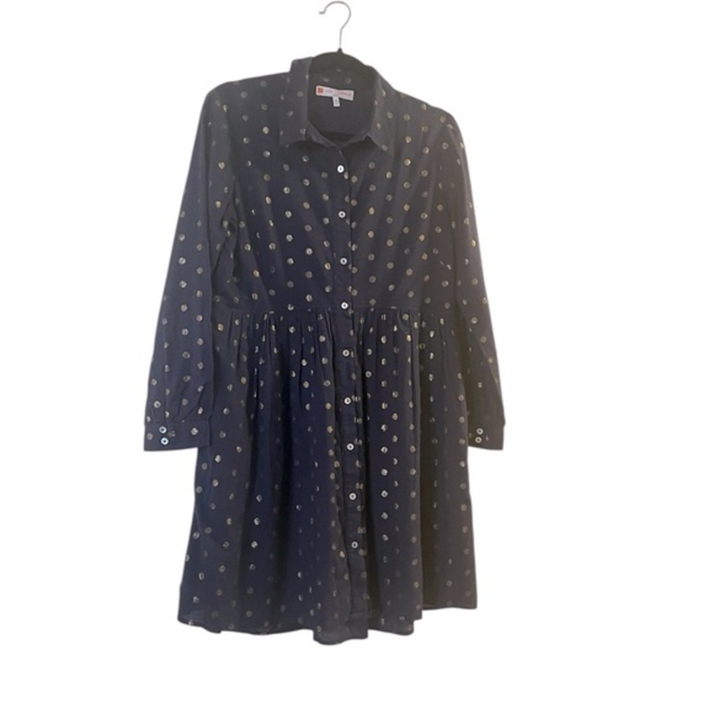 JUDE CONNALLY Babydoll Cotton Shirtdress from India, Navy Blue w/ Gold Dots, S
